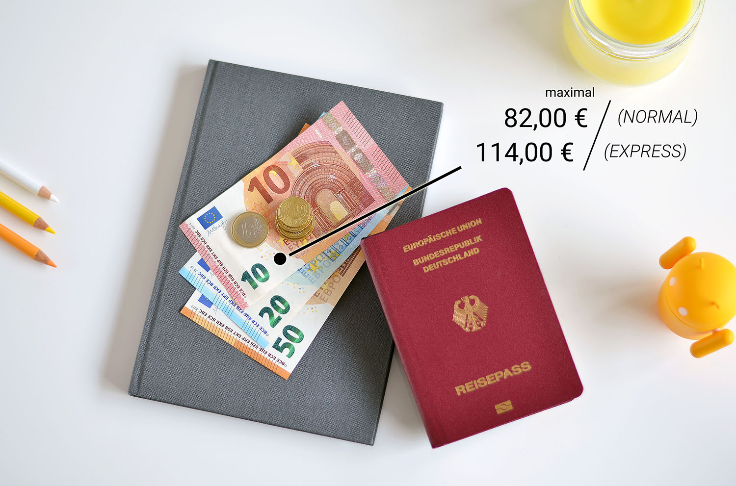 Reisepass mit Gebühr in Banknoten und Münzen